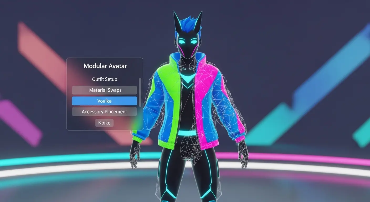 VRChatアバターに新しい服を着せ替え、カスタマイズを楽しむ様子を示すイラスト