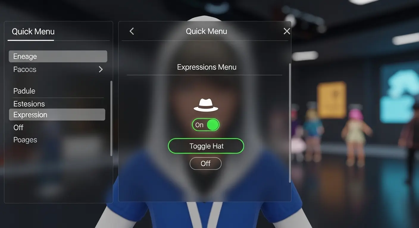VRChat内でExpressions Menuを開いて、追加したギミックのボタンを確認している画面。