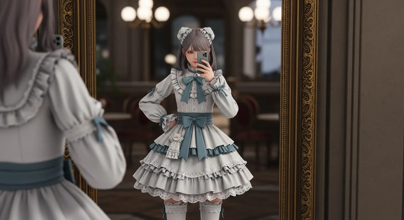 VRChatのワールド内の鏡の前で、新しい服の見た目と揺れものの動作を確認している様子。