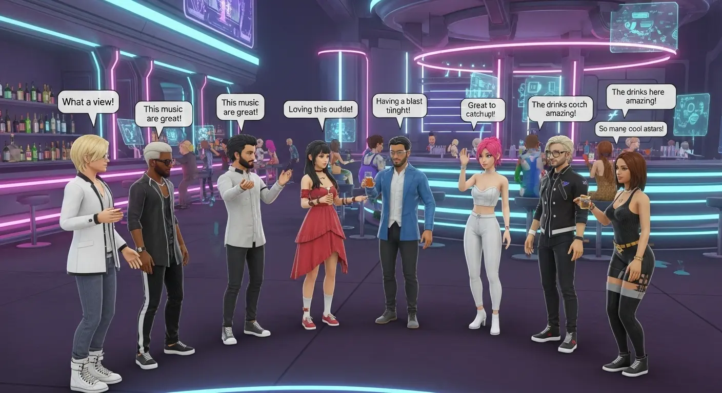 VRChatのワールド内でフレンドと楽しむ様子、コミュニティ貢献のイメージ。