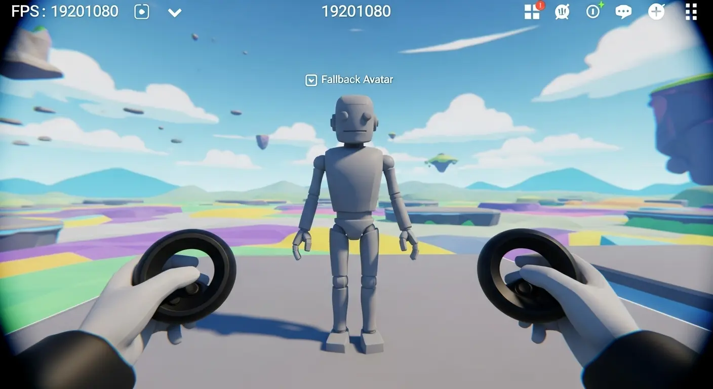 VRChatのQuest版で、PC専用アバターがフォールバックアバター(ロボット)になっている様子。