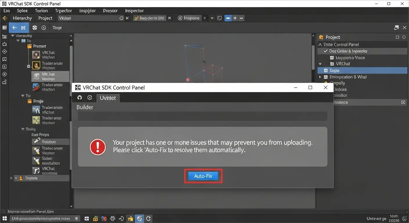 UnityのVRChat SDKのエラー表示画面と自動修正ボタン。