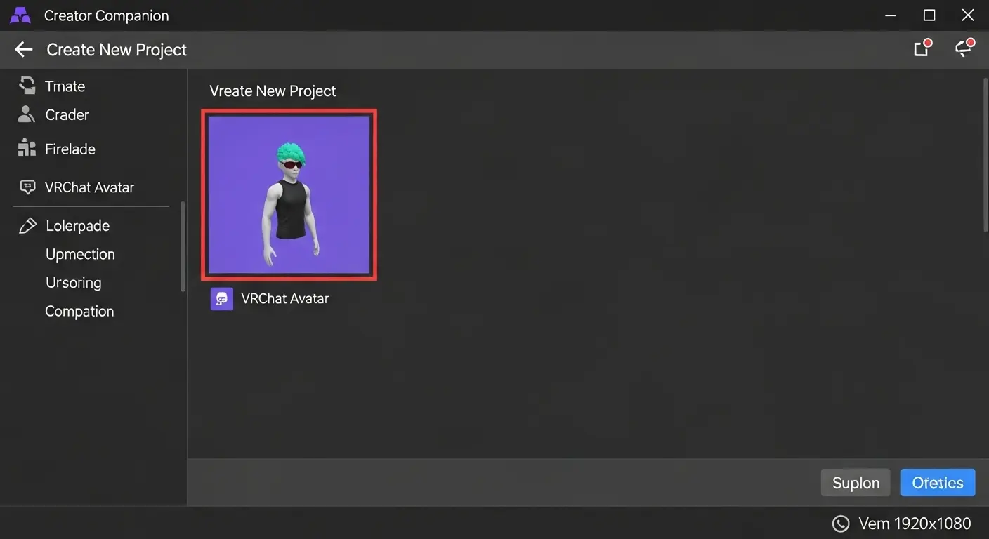 VRChat Creator Companion(VCC)を使って新規プロジェクトを作成する画面。
