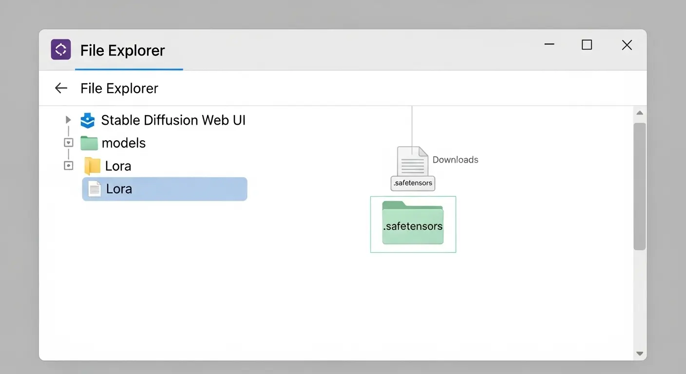 Stable Diffusion Web UIのフォルダ階層。LoRAファイルをmodels/Loraフォルダに入れている様子。