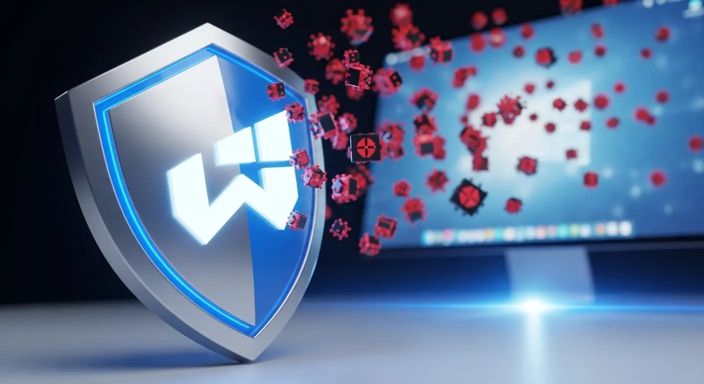 Windows Updateの役割。セキュリティの盾として、PCを脆弱性から保護するイメージ。