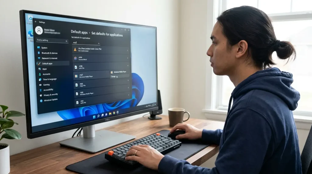 Windows 11の既定のアプリ設定で音楽ファイルの関連付けを変更している画面