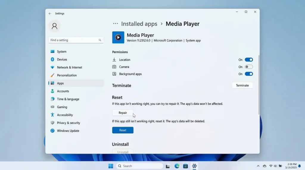Windows 11の設定画面でメディア プレーヤーの修復とリセットボタンを選択する画面