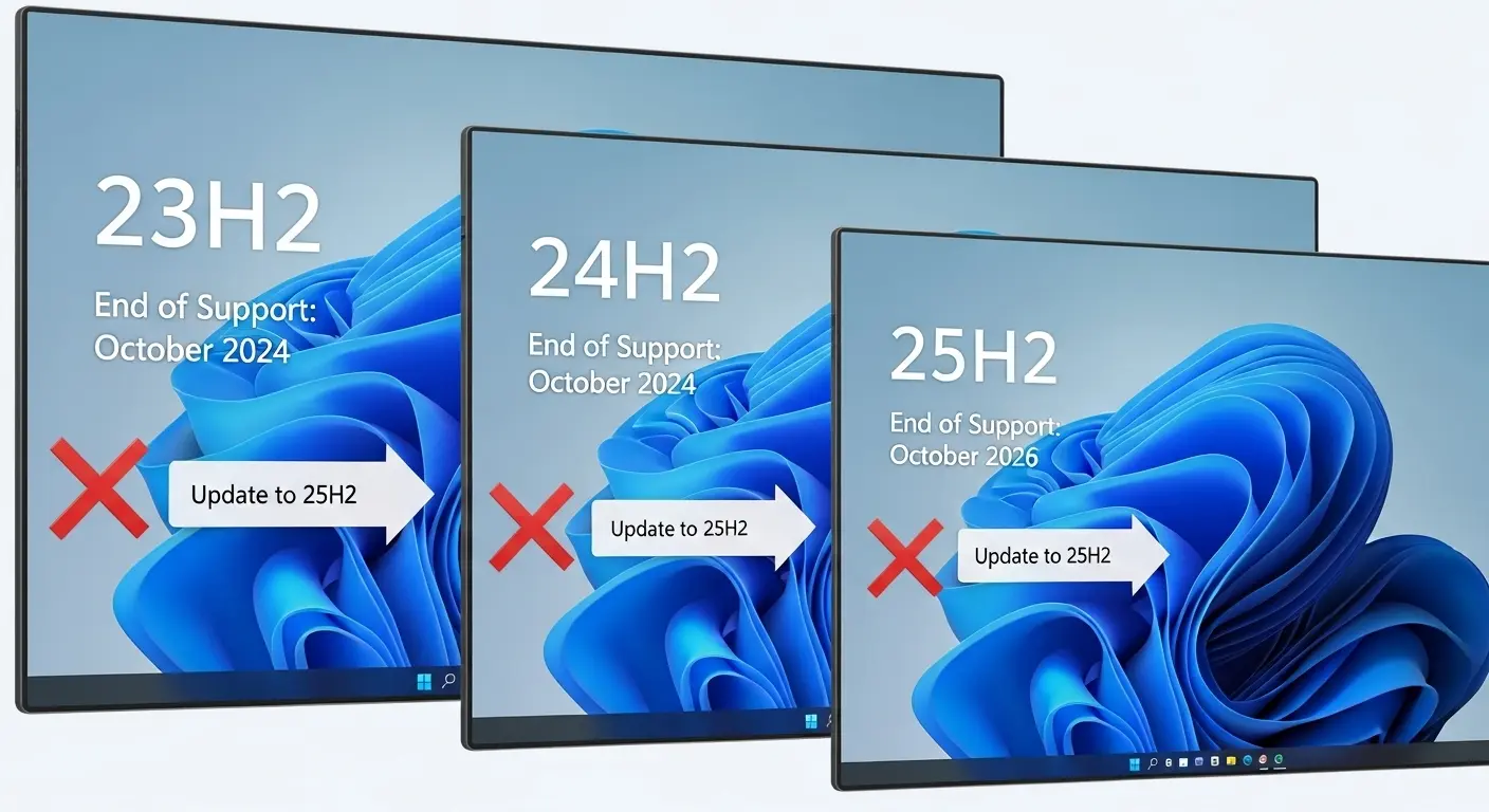 Windows 11 バージョン 23H2、24H2、25H2のサポート終了日を比較した一覧表