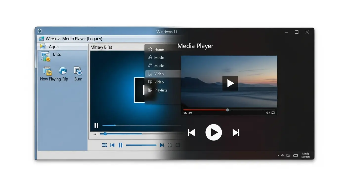 Windows Media Player LegacyとWindows 11の新しいメディアプレーヤーアプリのインターフェイス比較