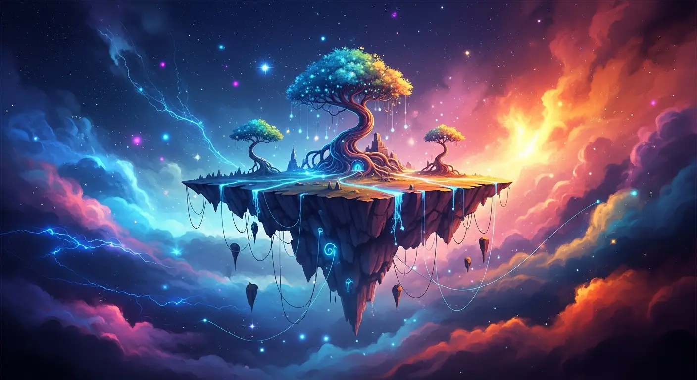Dream by WOMBOで生成された、幻想的なアートスタイルの浮遊島の画像。