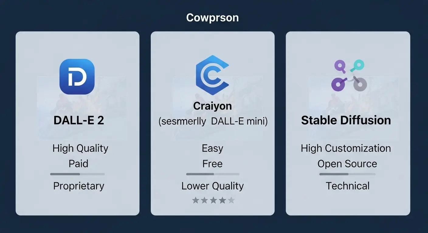 AI画像生成ツールDALL-E 2、Craiyon、Stable Diffusionの機能、料金、カスタマイズ性の比較。