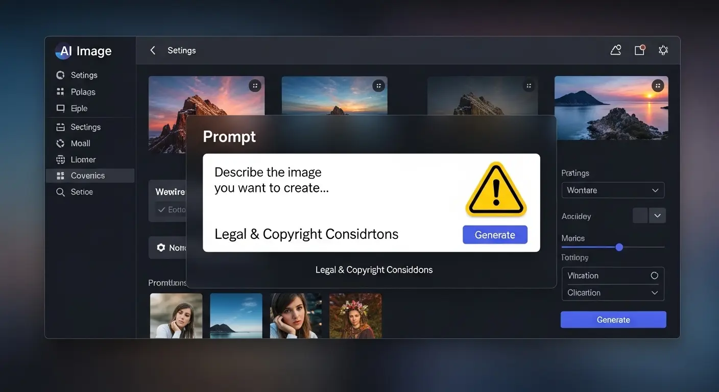 FotorのAI画像生成機能と、著作権に関する警告アイコン。