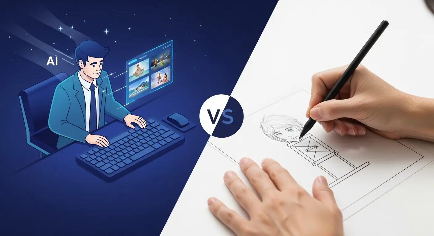 AI画像生成と手動での絵画制作の異なるアプローチの比較。