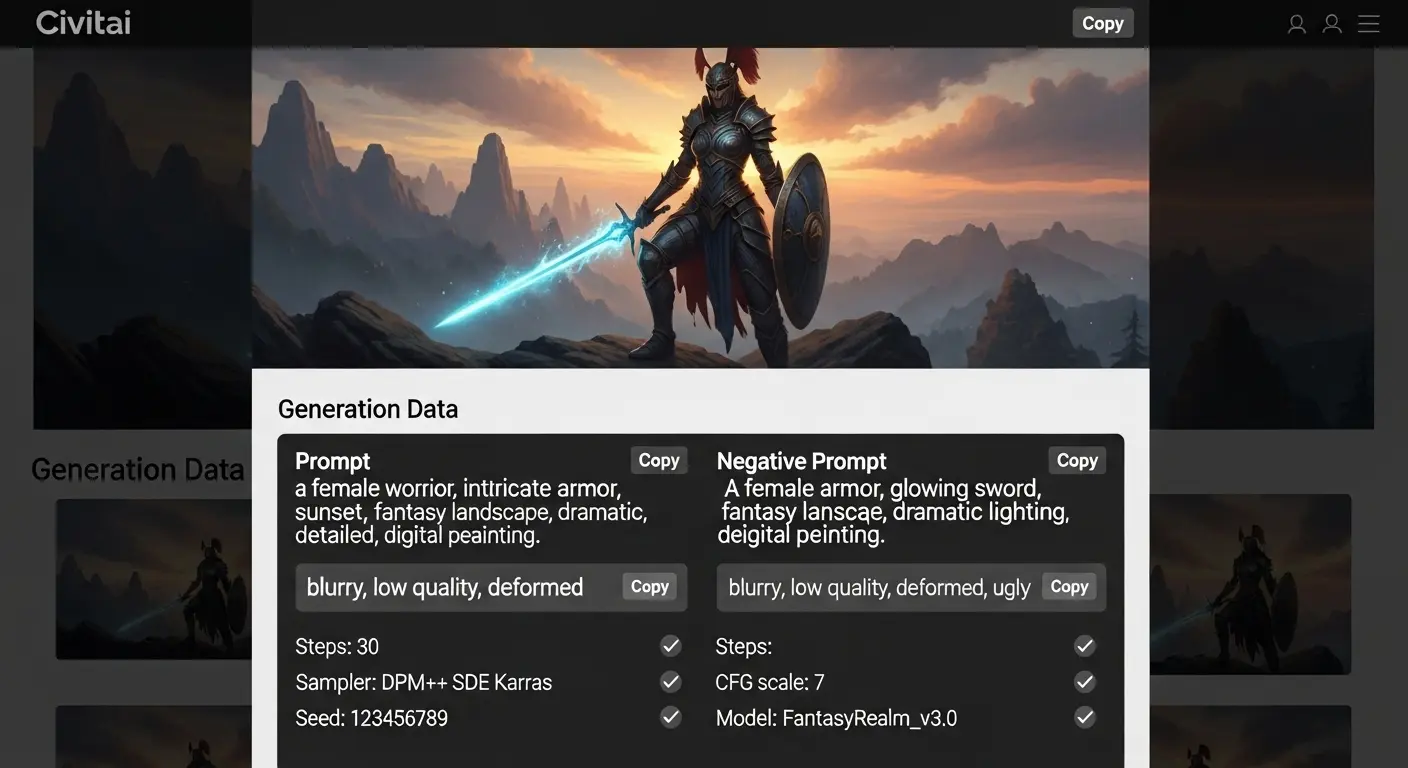 Civitaiサイトで公開されている画像と、その下に表示されたプロンプトとネガティブプロンプト。