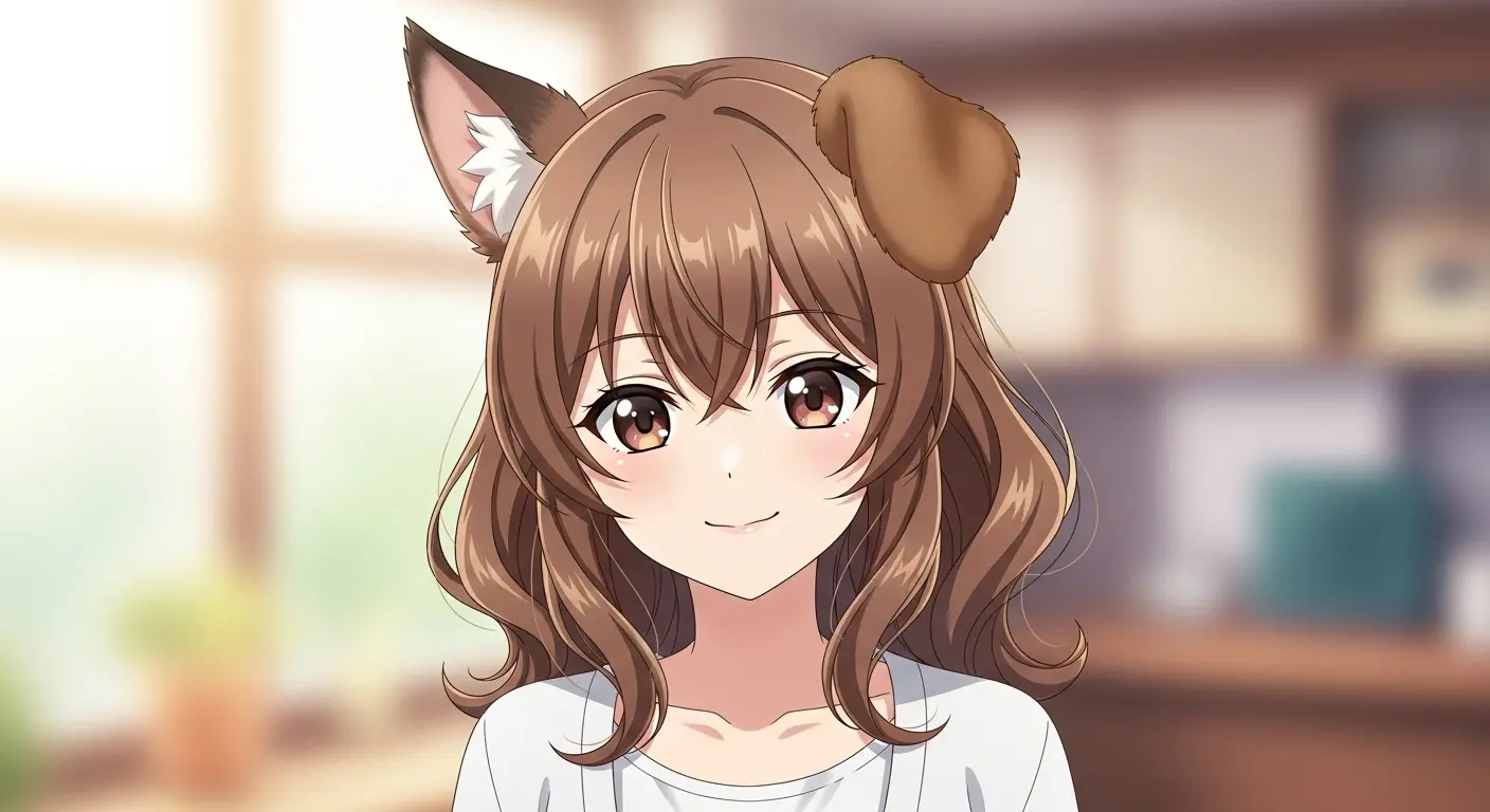 プロンプトの順番と重み付けによって、猫耳と犬耳の両方がブレンドされた女の子のAIイラスト。