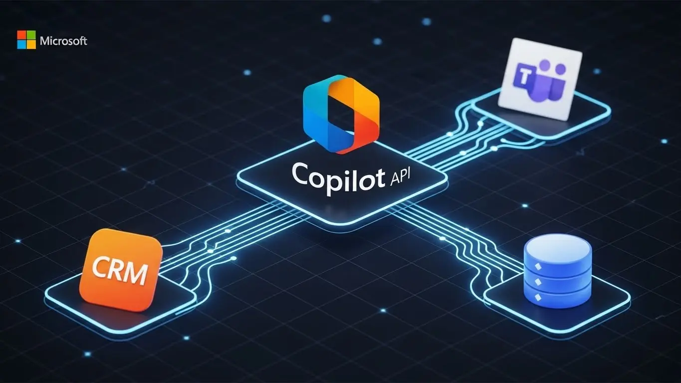 Microsoft CopilotがCRM、Teams、カスタムシステムとAPI連携してデータと機能を統合しているイメージ図