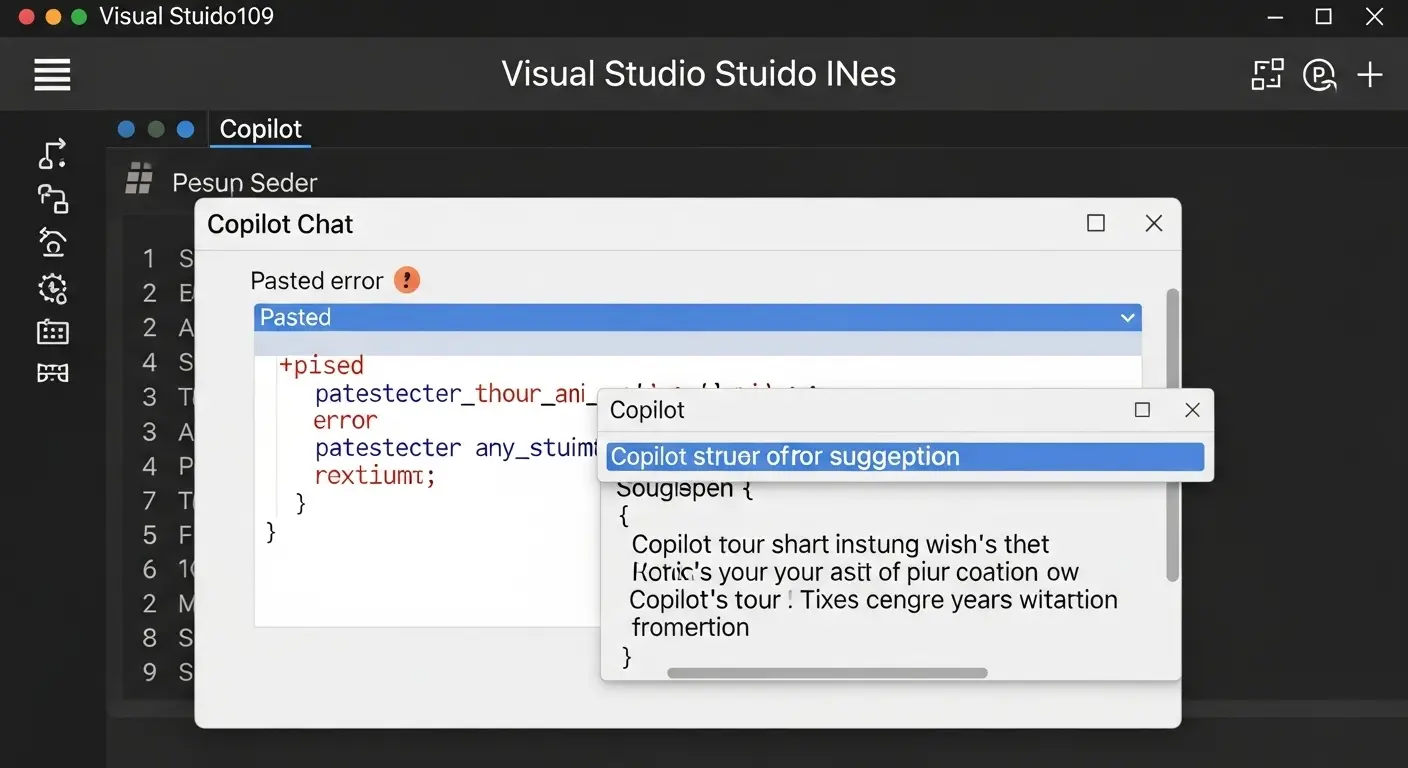 GitHub Copilot Chatでエラーメッセージを解決し、修正案を得ている画面。