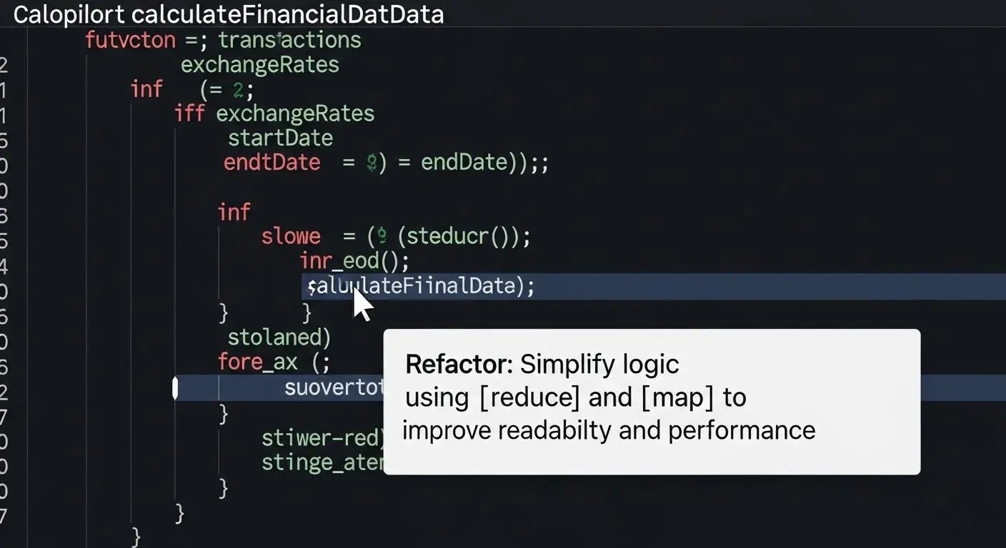 複雑なコードロジックに対し、Copilotが簡素化を提案するリファクタリングの画面。