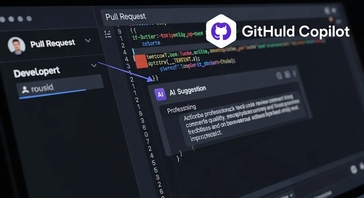 GitHub Copilotがコードレビューを提案している画面とロゴ