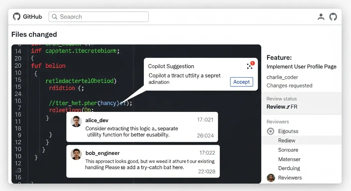 GitHubのプルリクエスト画面で、Copilotが生成したコードに対して人間のエンジニアがレビューを行っている様子。