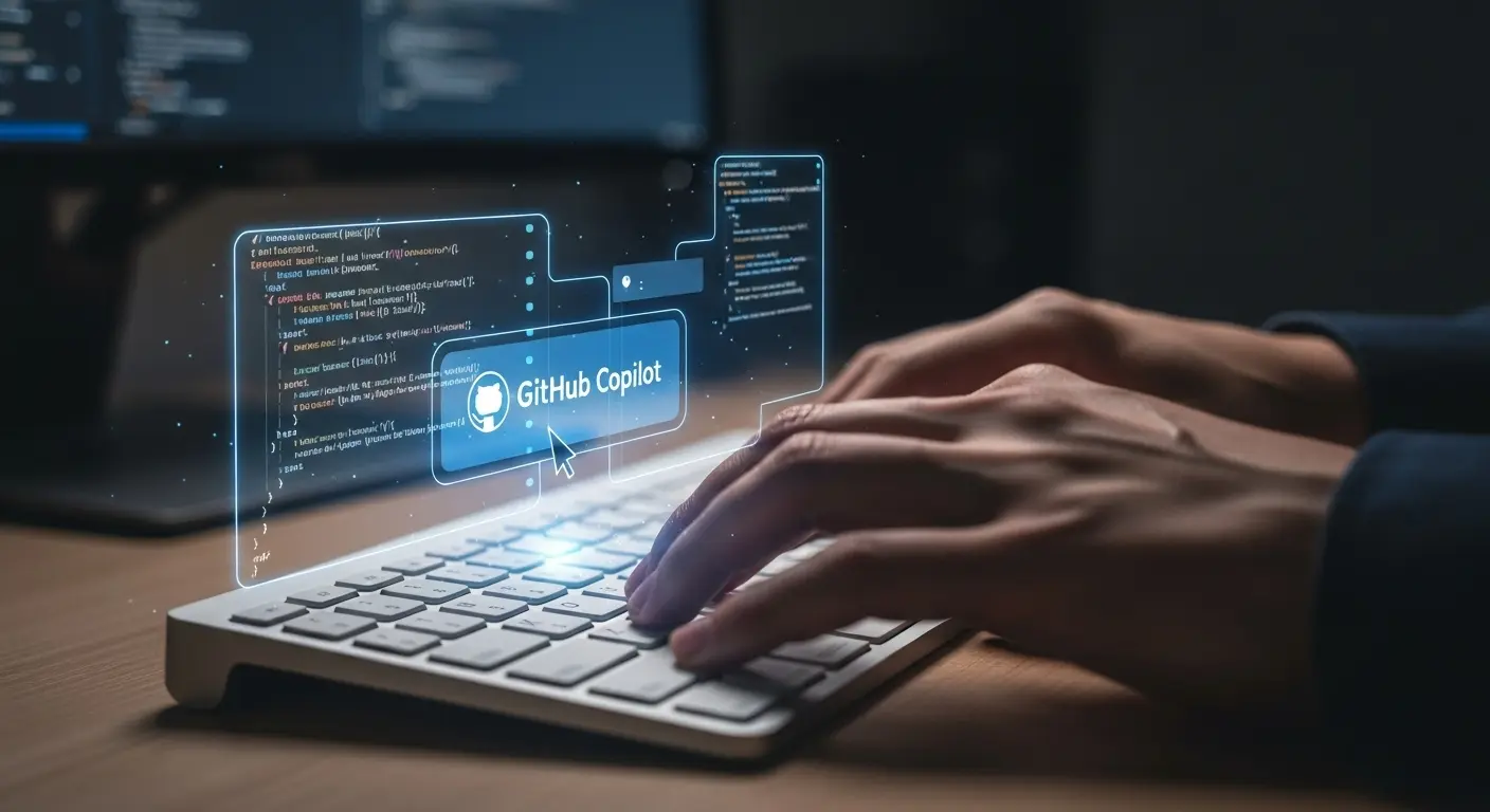 GitHub Copilotがコーディング中にAIによるコード提案を表示し、効率を高めているイメージ。