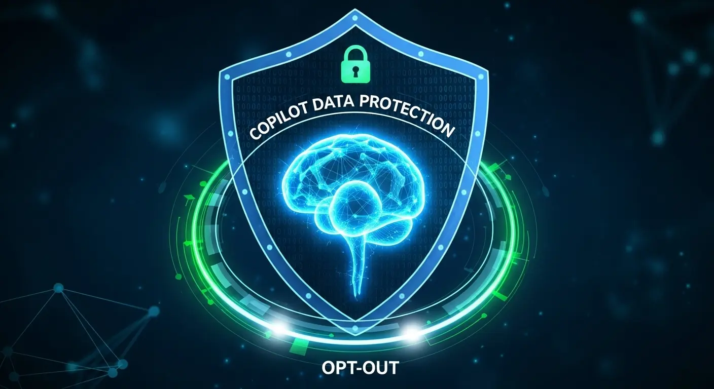 Copilotの学習データ除外設定とデータ保護の重要性を象徴する、セキュリティシールドの概念図