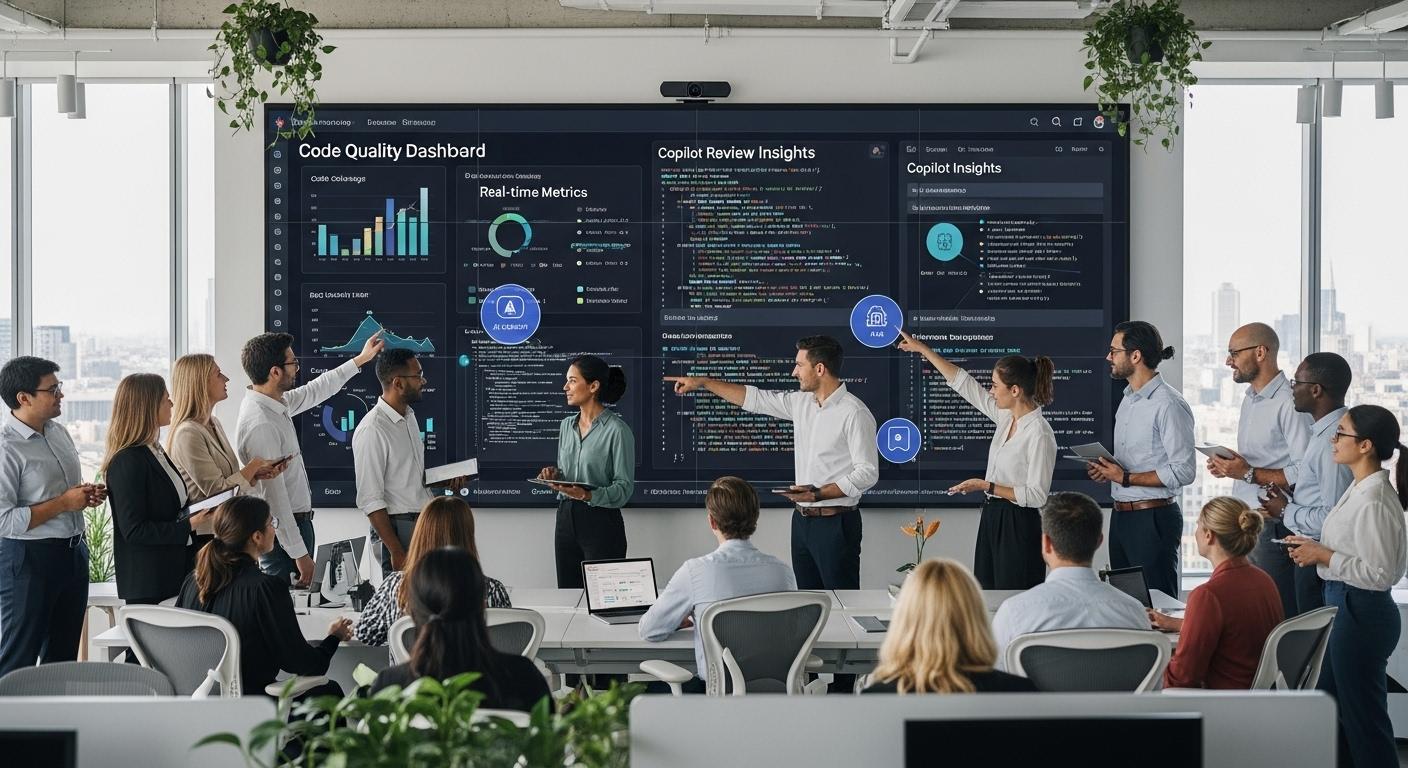 多様な開発者チームがCopilotと協力しながら、未来的なコード画面を見ている様子。
