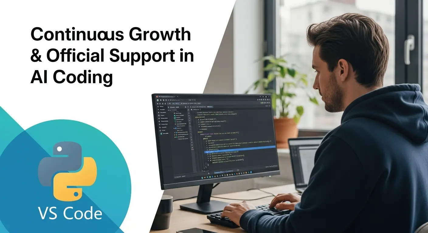 開発者がCopilotを活用してコードを書き、継続的な学習と技術の進化を示す象徴的なイラスト。