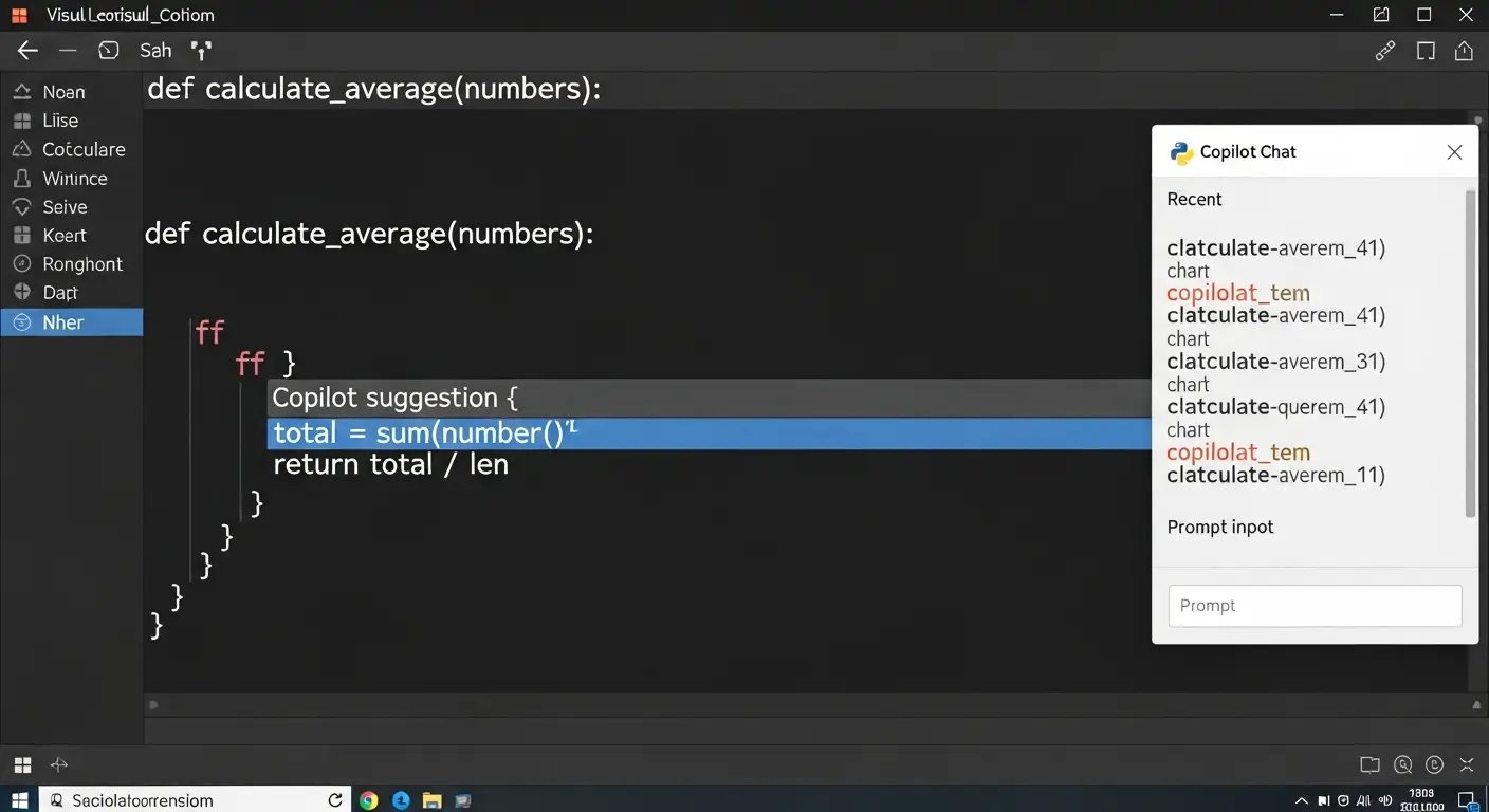 Visual Studio Code内でGitHub CopilotがPythonのコード補完とチャット機能を提供している画面。