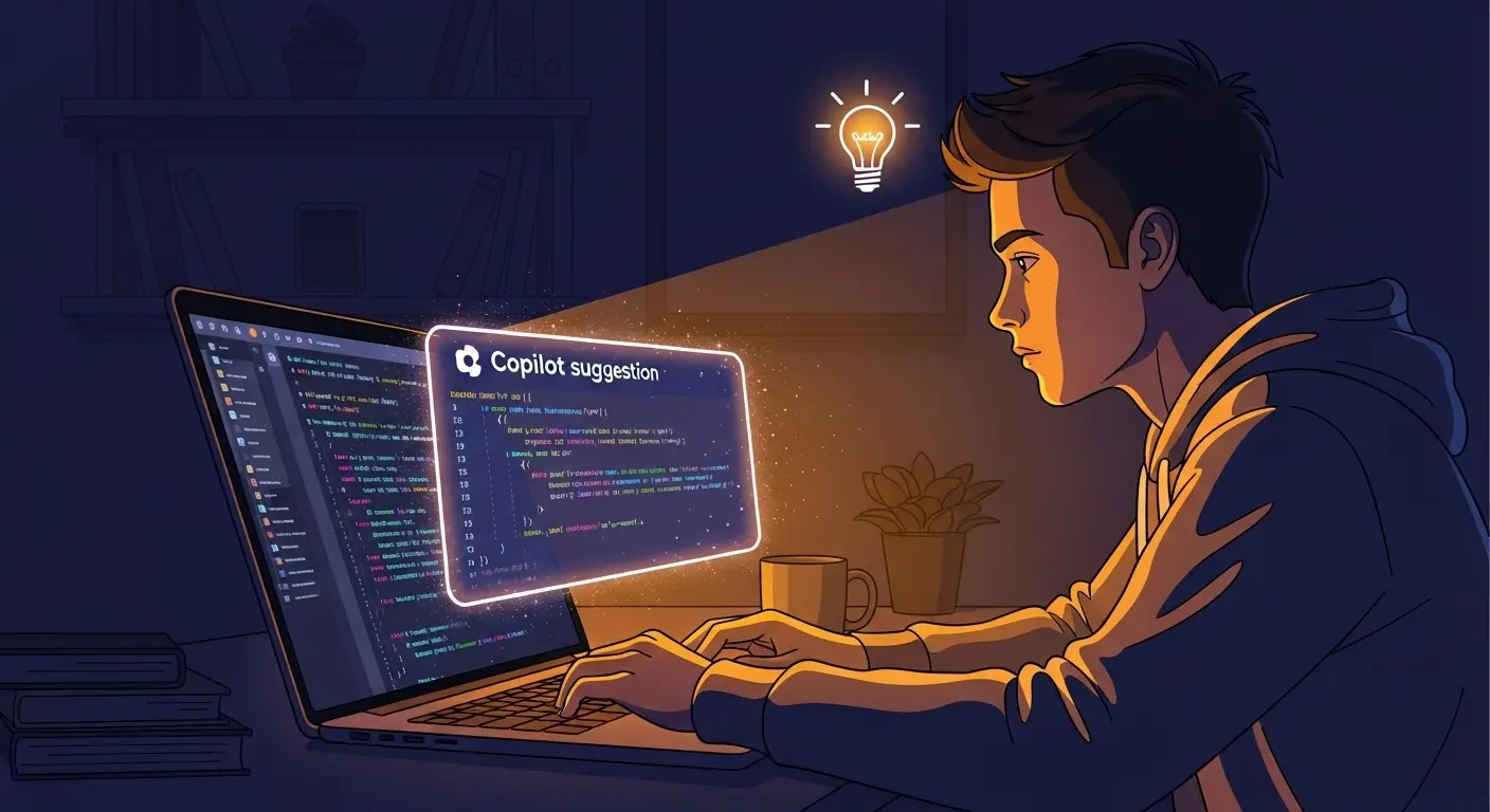 GitHub Copilotがプログラミング学習中に複雑な問題に対する優れた解決策を提案し、学習を支援している様子。