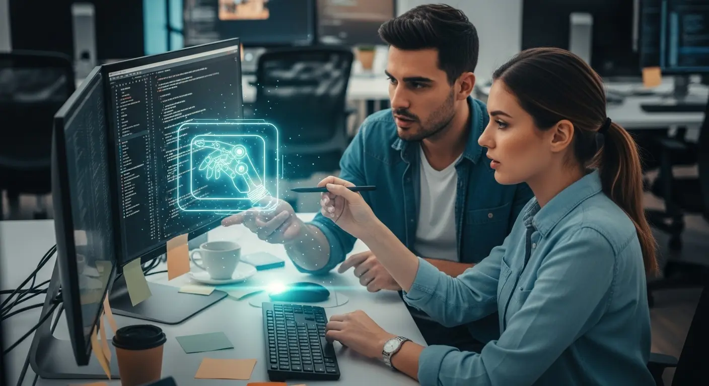 開発者二人がCopilotを交えてペアプログラミングをしている様子。