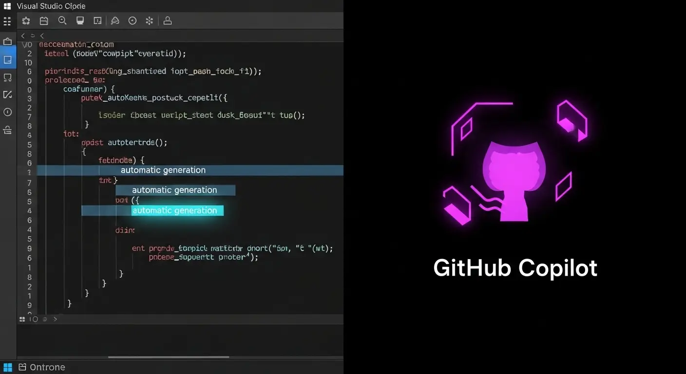 Visual Studio CodeとGitHub Copilotが連携し、コードを生成している様子を示す未来的なインターフェースのビジュアル。
