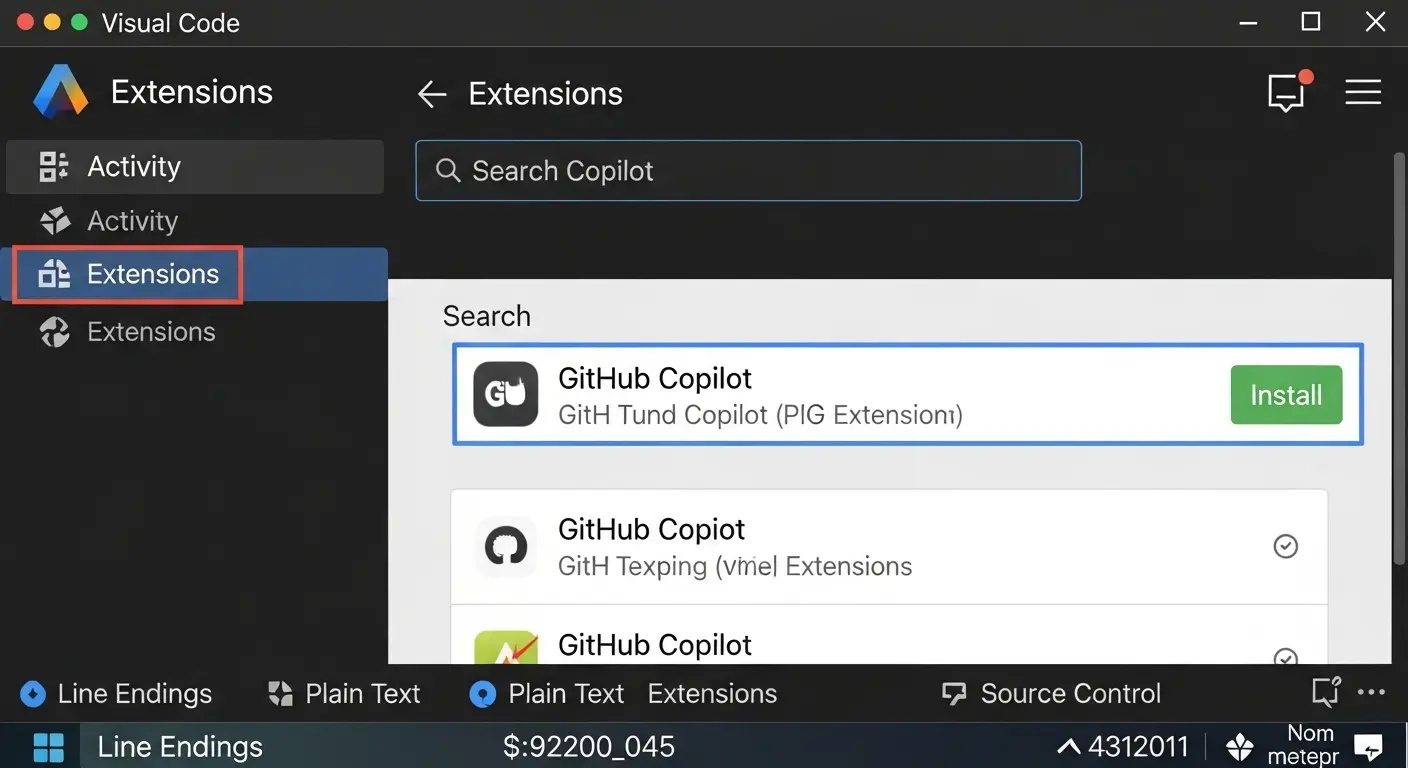 Visual Studio Codeの拡張機能画面でGitHub Copilotを検索し、インストールボタンが表示されている様子。