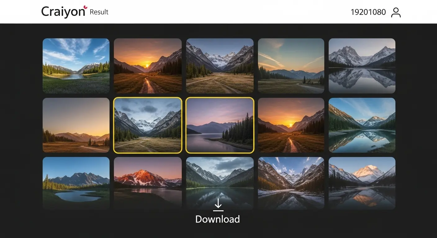 Craiyonで生成された9枚の画像と、画像をダウンロードするボタン。