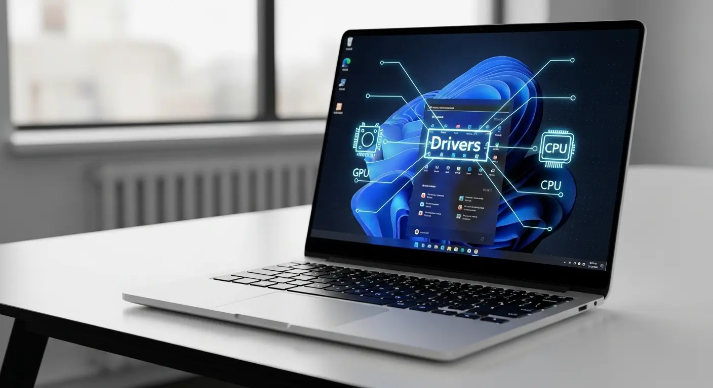 ドライバーがハードウェアとOS間で情報をやり取りする概念図の入った、Windows 11のデスクトップ画面。