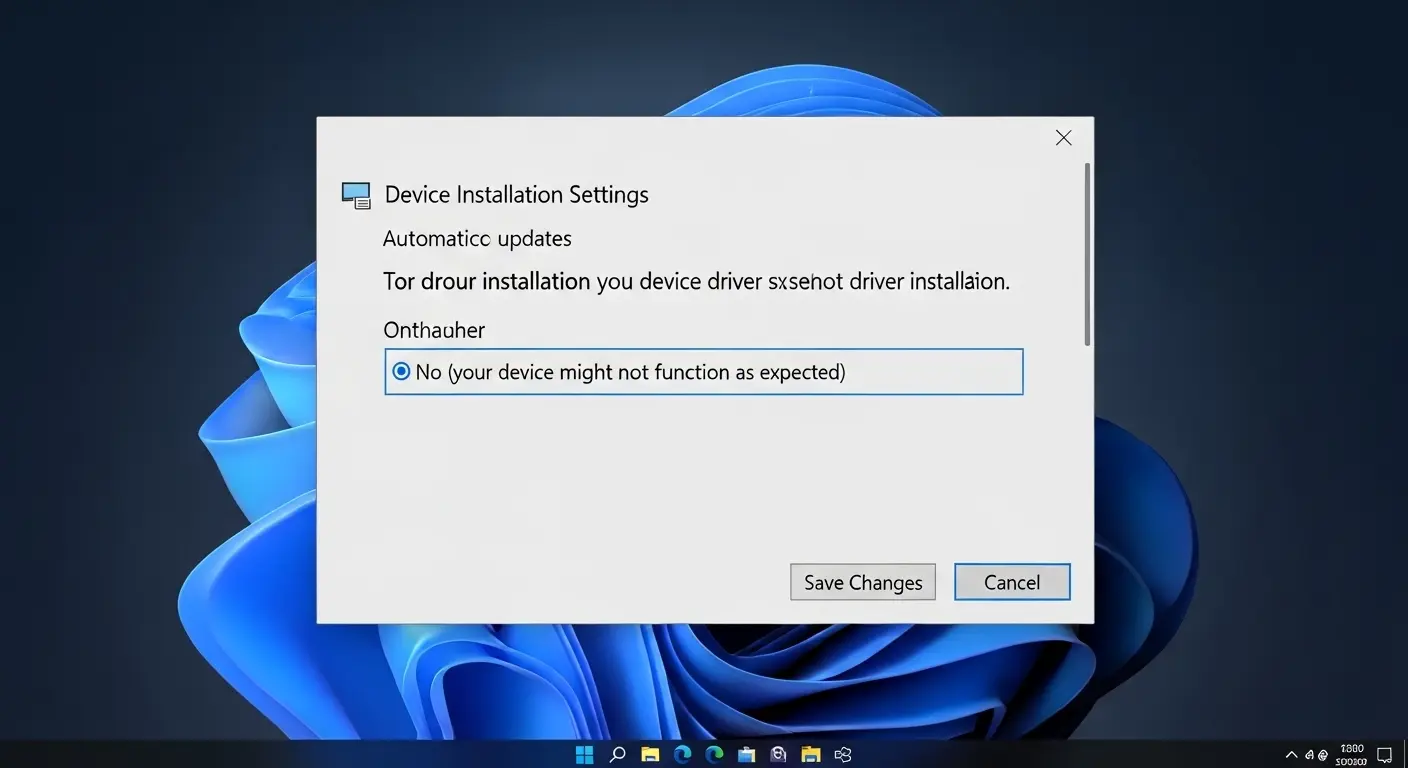 デバイスのインストール設定ダイアログで、「いいえ」を選択し、自動ダウンロードを阻止する設定画面。