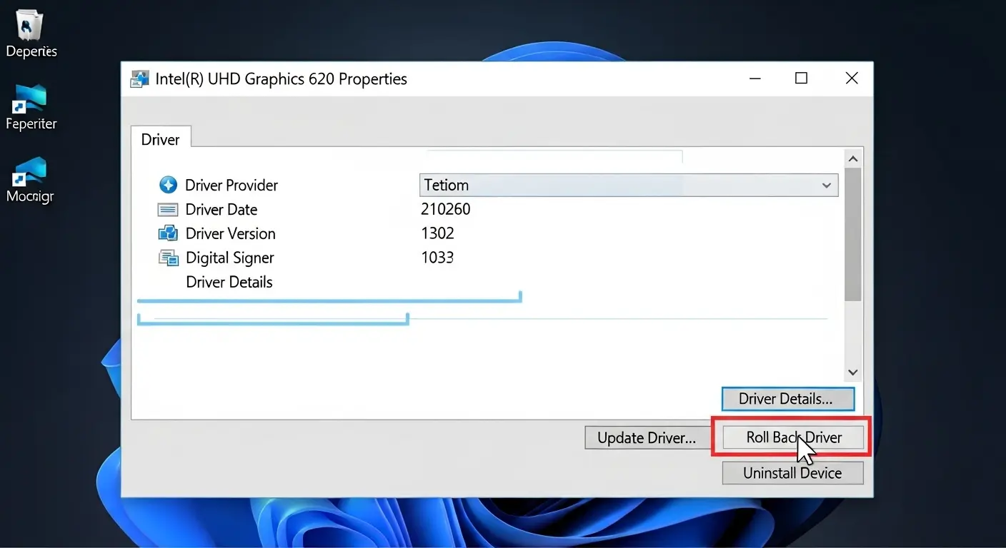 デバイスマネージャーのプロパティ画面で、「ドライバのロールバック」ボタンが選択可能な状態の画面。