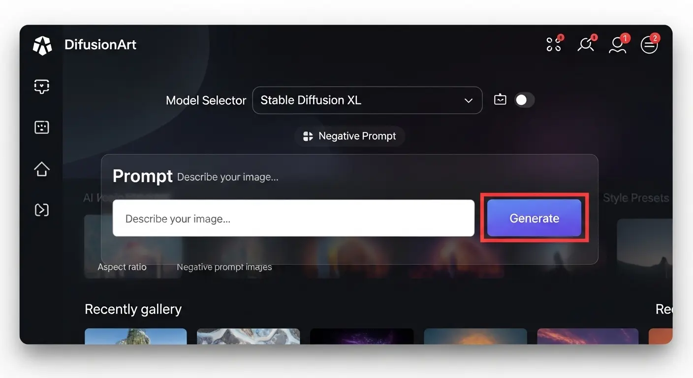 DiffusionArtの画像生成インターフェース。プロンプト入力欄と生成ボタンが示されている。