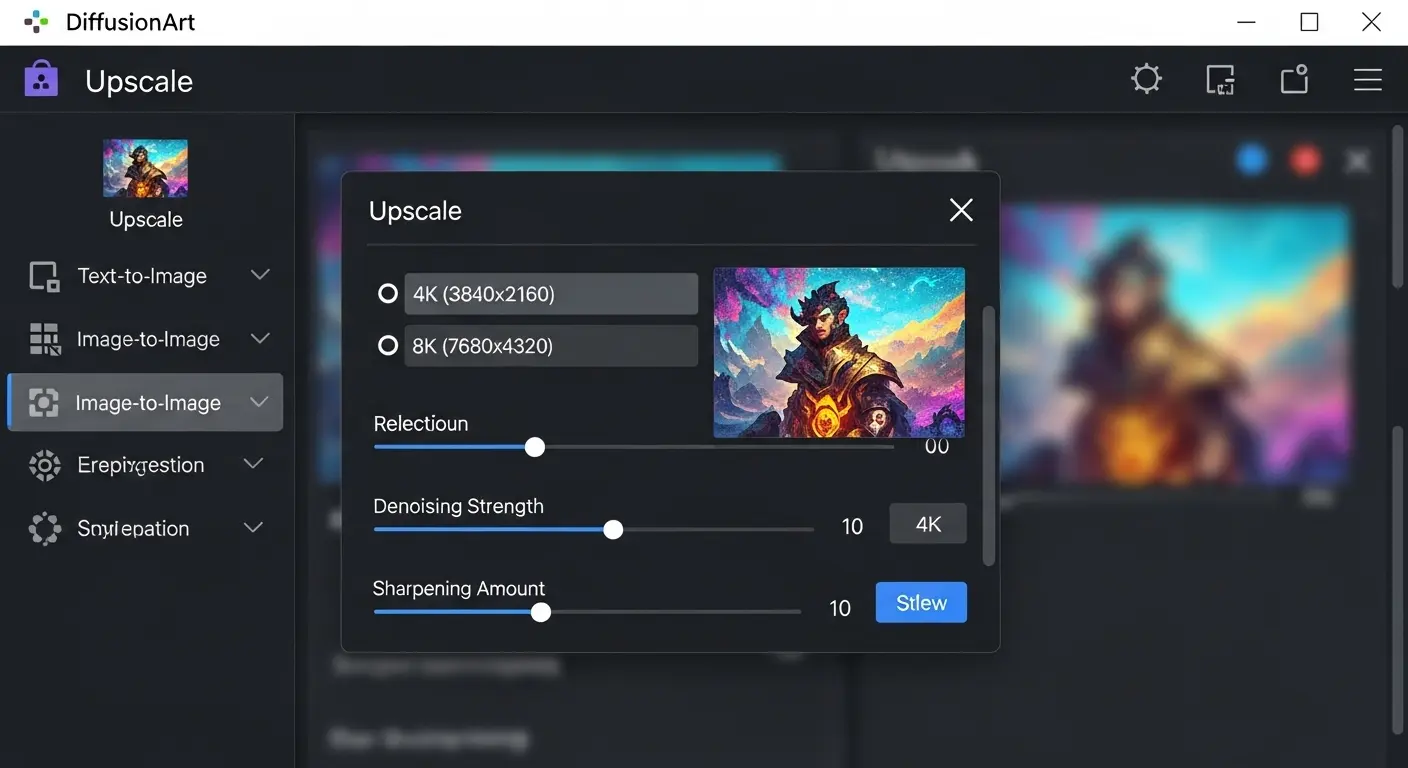 DiffusionArtでの画像の高解像度化(アップスケール)機能の設定画面。