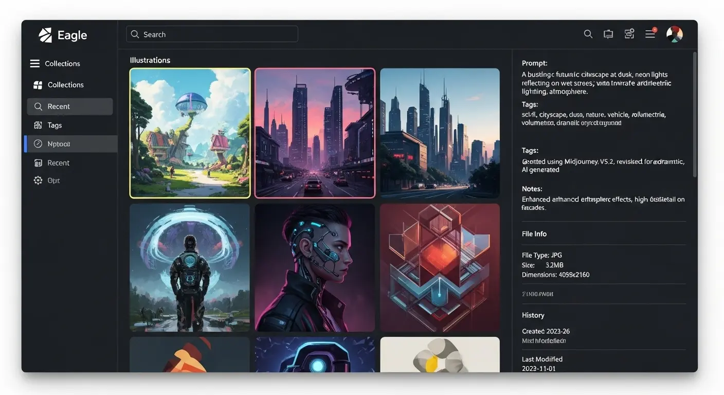 EagleというツールでAI生成画像をタグ付けし、プロンプトを管理している画面。