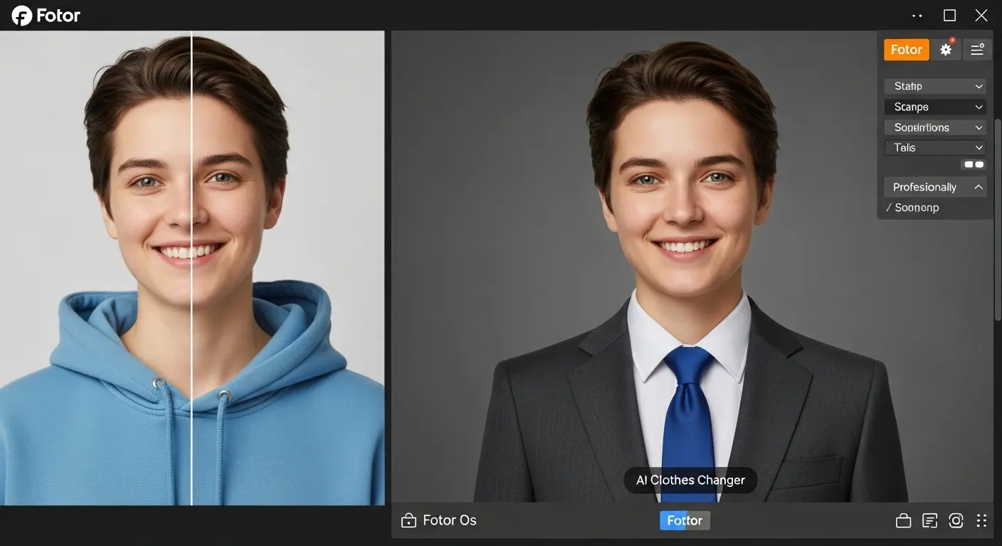 FotorアプリのAI着せ替え機能を使って、カジュアルな服装をビジネススーツに変換している様子。