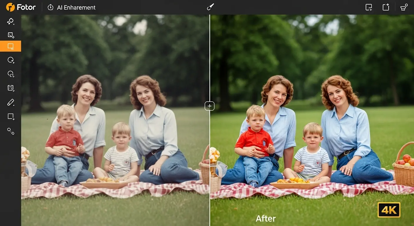 FotorアプリのAI高画質化機能による、ぼやけた写真から4K相当の鮮明な画像への修復。