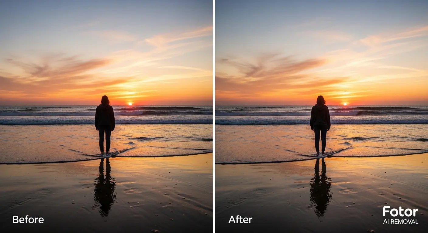 Fotorアプリのマジックイレイサー(AI除去)機能を使って、写真から人物を自然に消去している様子。