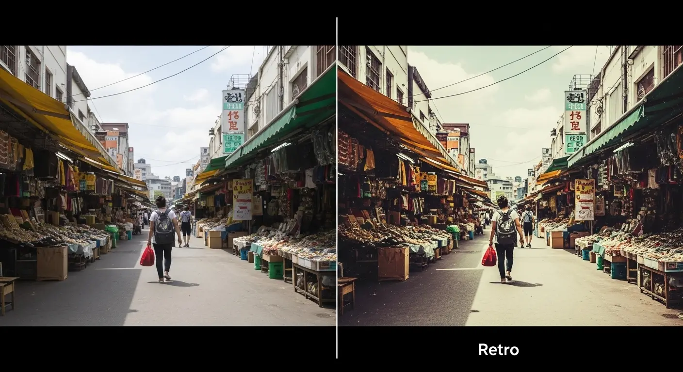 Fotorアプリでフィルター(白黒、レトロ風など)を適用し、スタイルを一瞬で変えている様子。