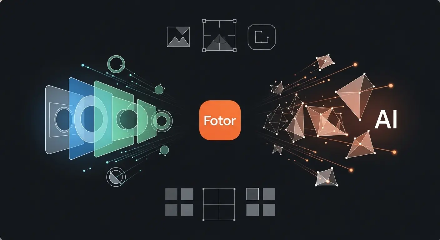 Fotorアプリのロゴと、写真編集、AI、デザインが統合されたインターフェースのイメージ。