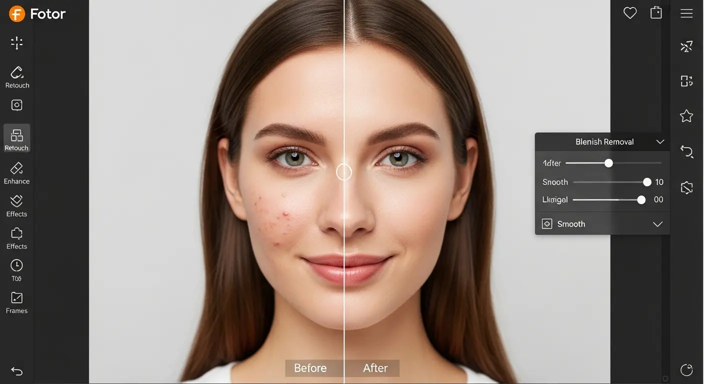 FotorアプリのAIリタッチ機能を使った自撮り写真の美肌補正。