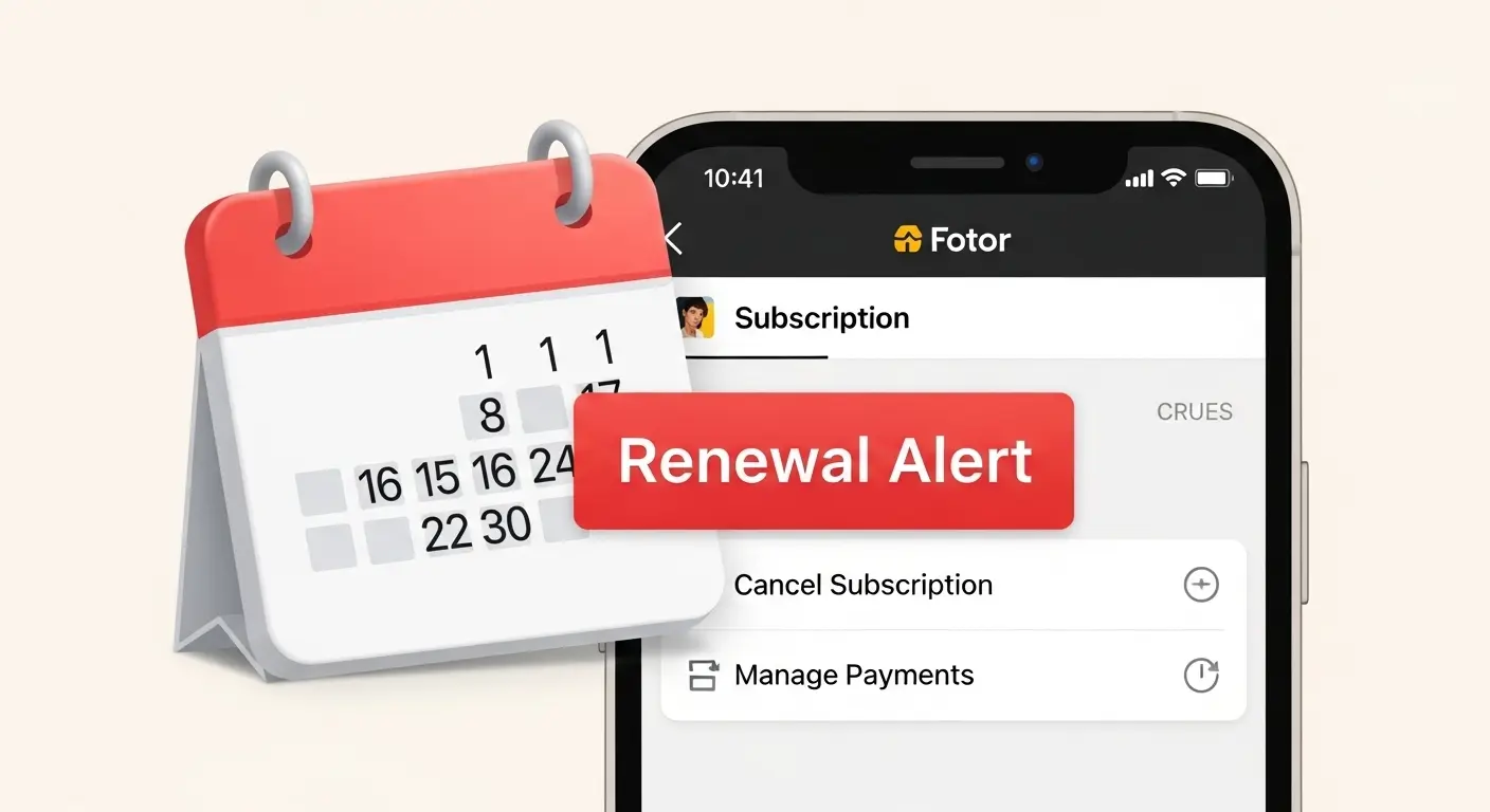 Fotor Proの自動更新とサブスクリプションの解約に関する注意点のイラスト。