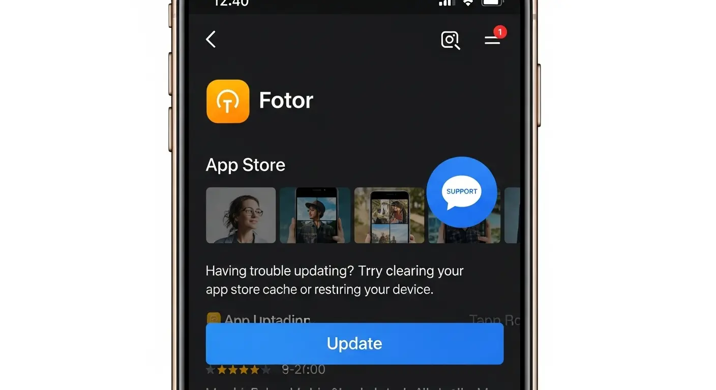 Fotorアプリが動作しない時の、アップデートとカスタマーサポートへの問い合わせ。