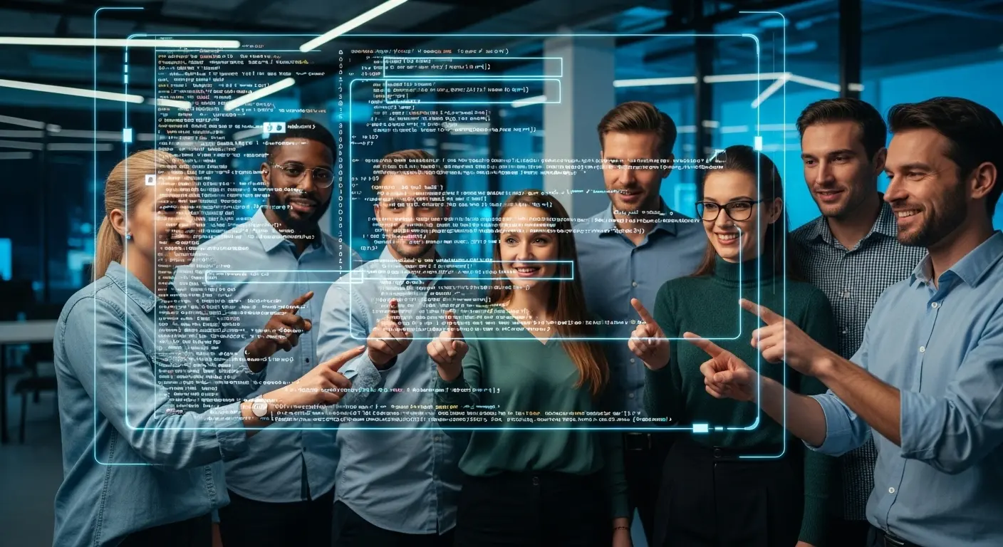 多様な開発者チームがCopilotと協力しながら、未来的なコード画面を見ている様子。