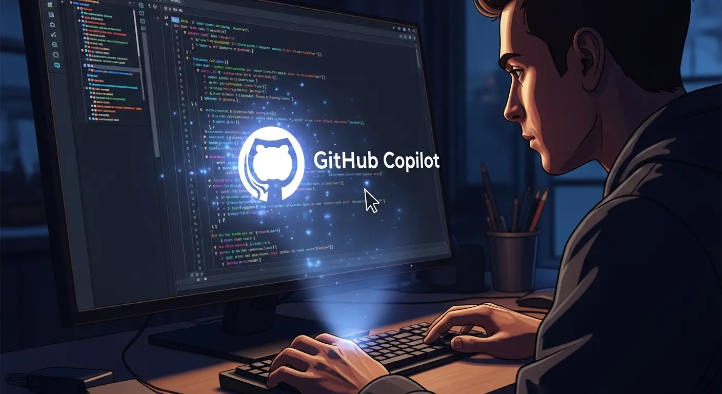 GitHub Copilotがコードエディター内でコーディングを支援しているイメージ画像。